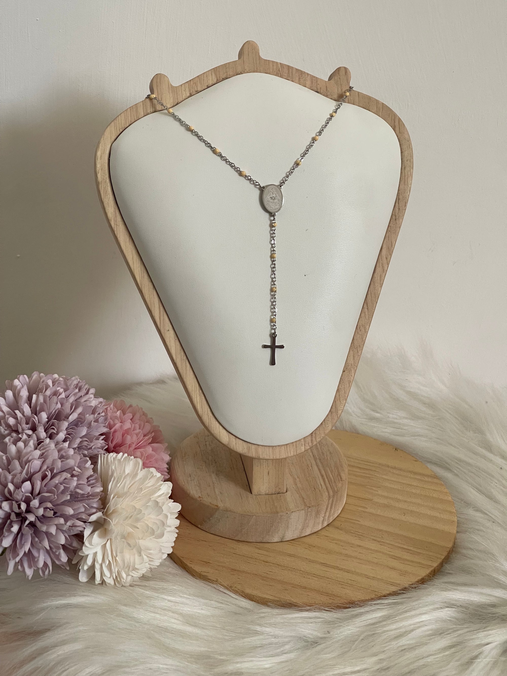 Collana Rosario Via Lucis in Acciaio Inossidabile con Perline e Croce