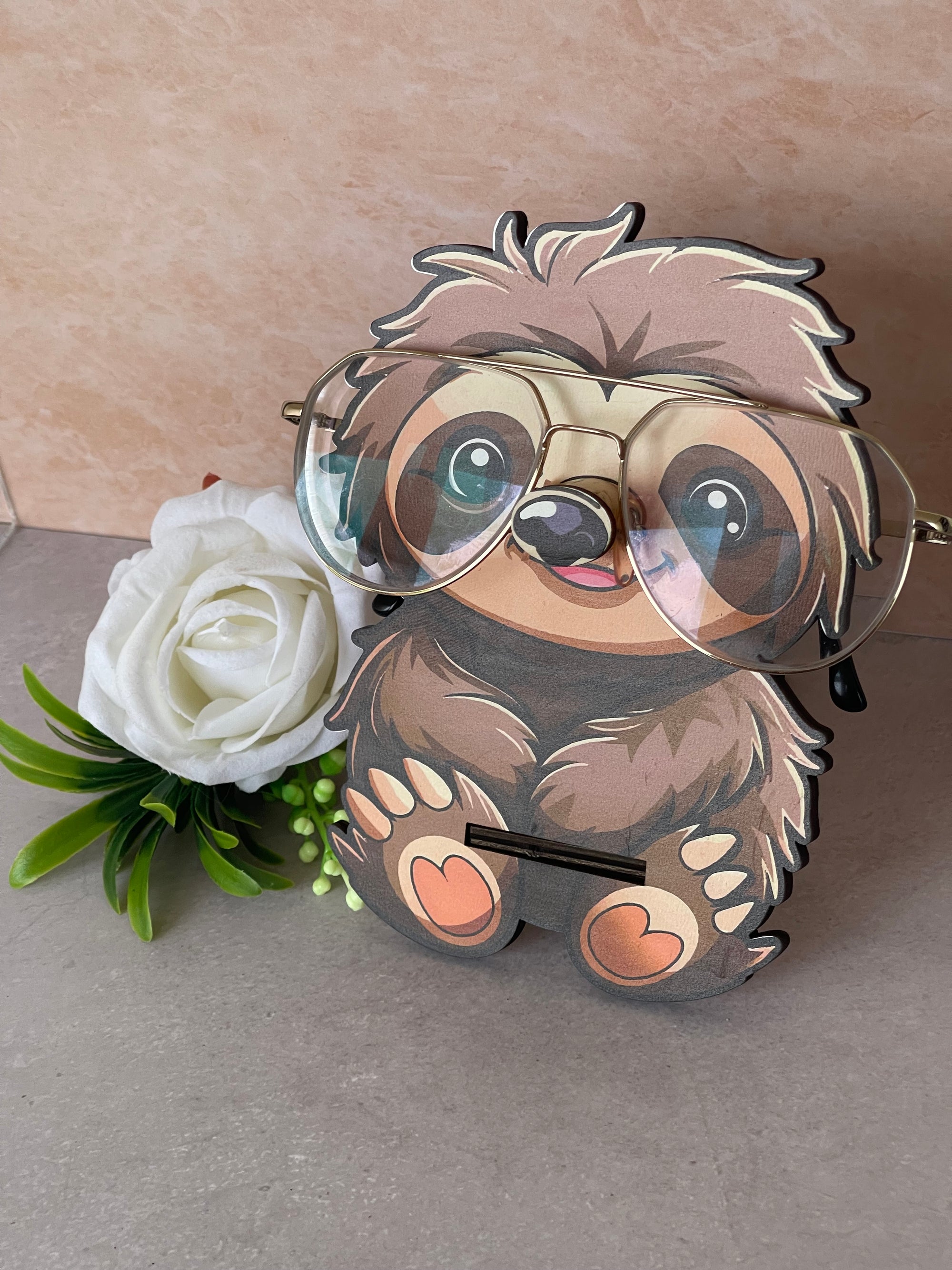 Porta Occhiali da Scrivania in Legno a Forma di Bradipo | Supporto Originale per Occhiali da Vista e Sole