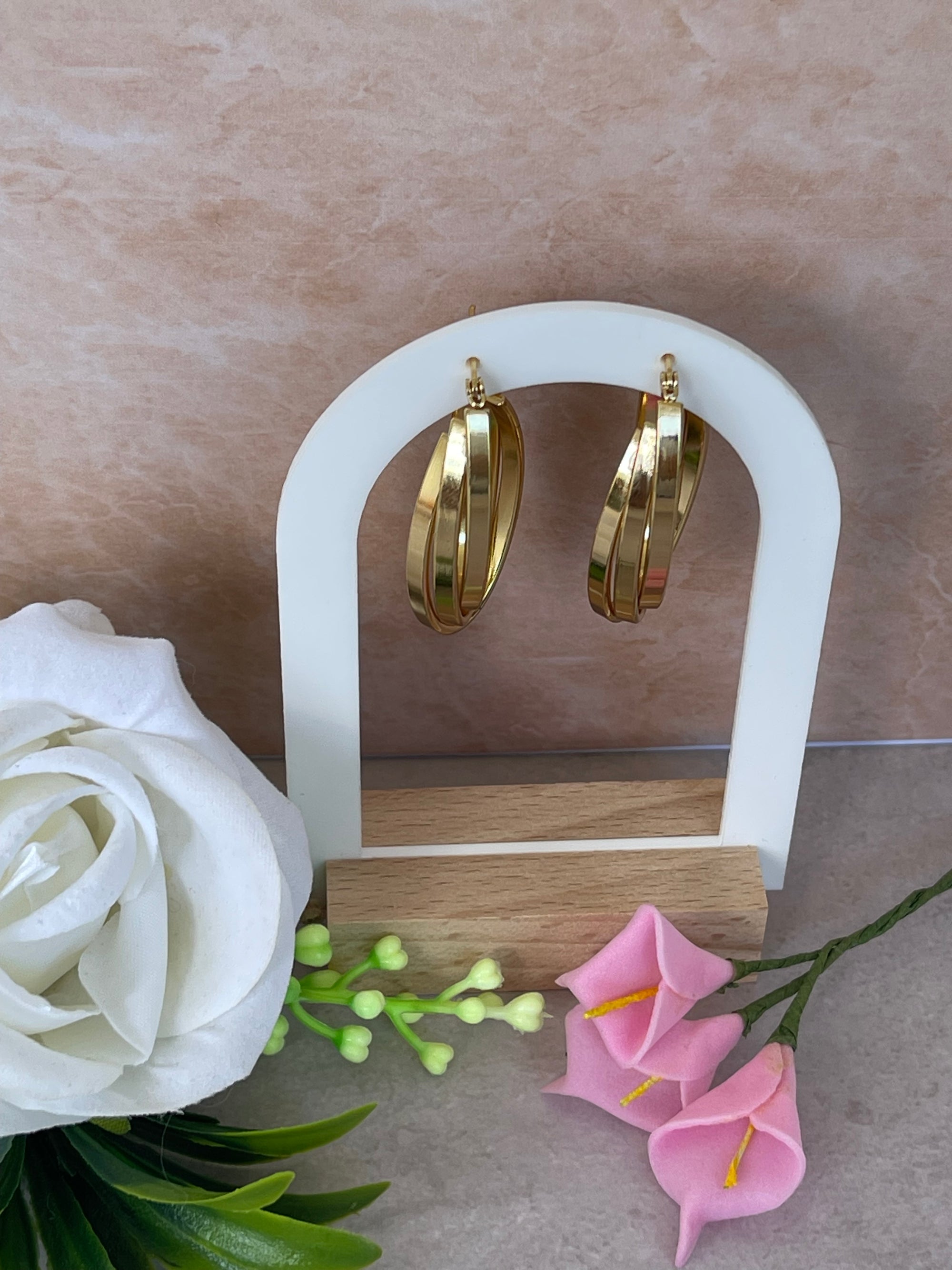 Orecchini Athena a Cerchio Triplo Oro Acciaio Inossidabile - Grandi Cerchi Eleganti per Donna | Anallergici