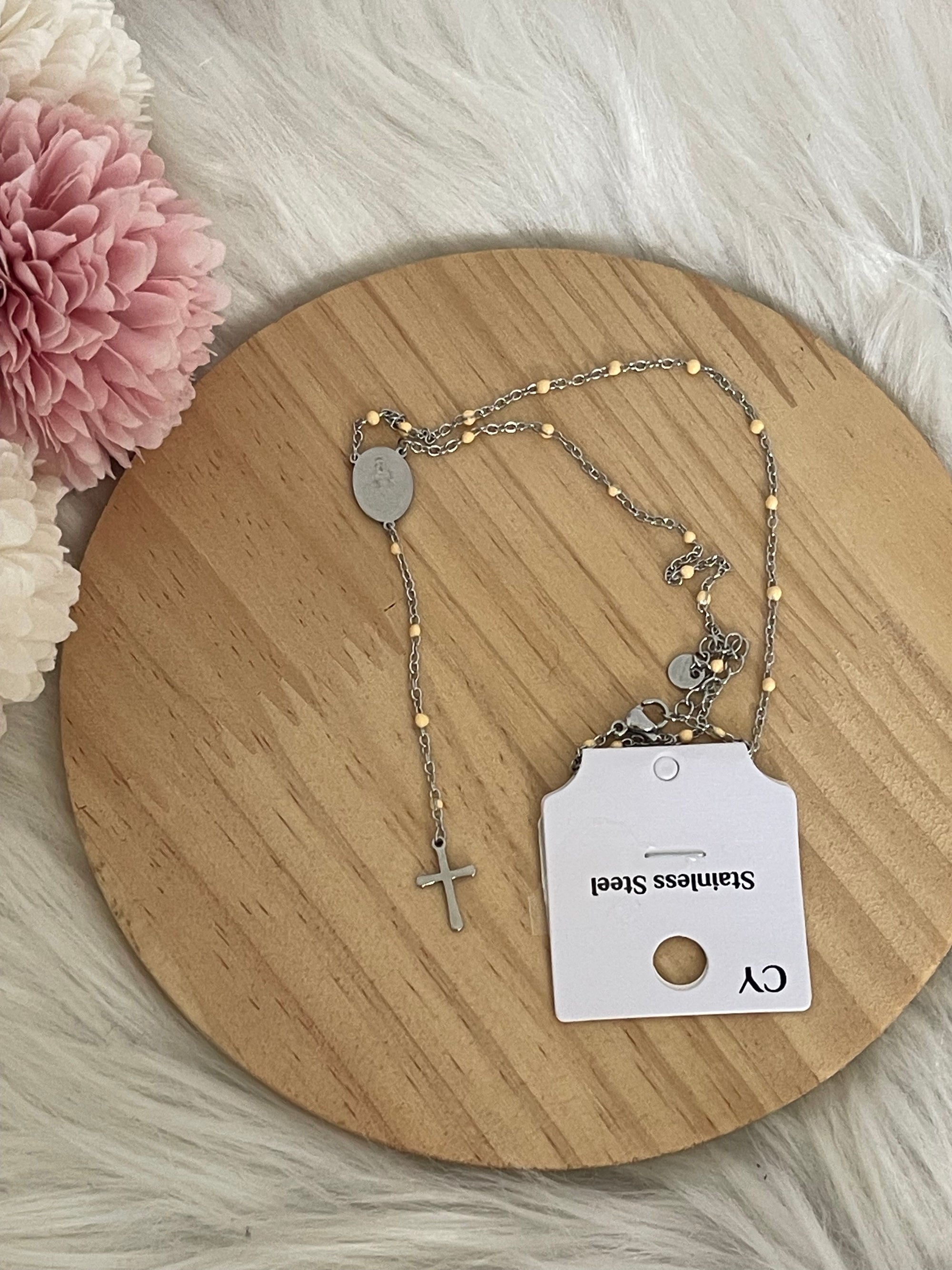 Collana Rosario Via Lucis in Acciaio Inossidabile con Perline e Croce