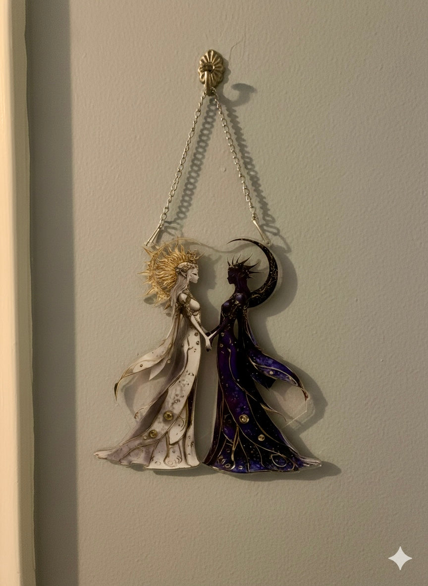 Decorazione da Parete Sole e Luna in Acrilico – Acchiappasole Fantasy "Dee del Giorno e della Notte" – 20x18cm