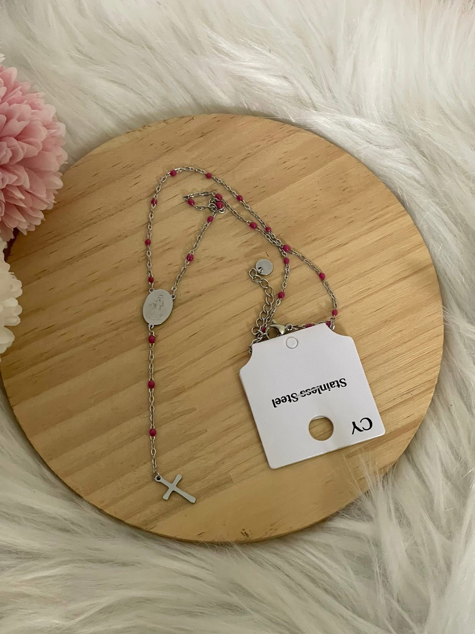 Collana Rosario Via Lucis in Acciaio Inossidabile con Perline e Croce