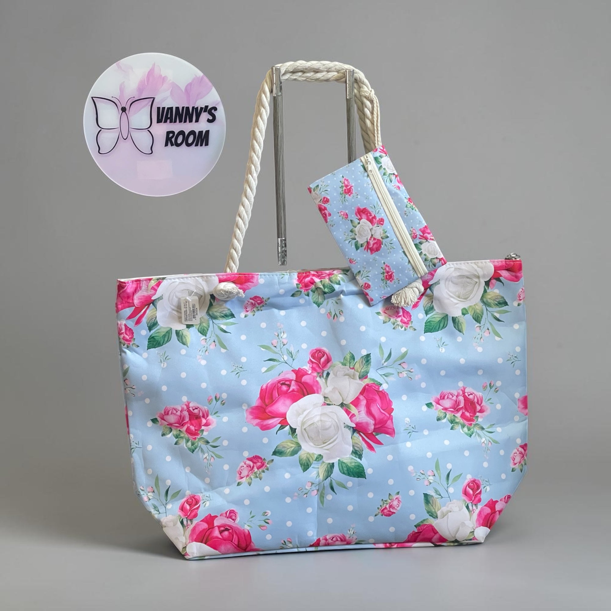 Borsa da Mare Grande e Capiente con Cerniera e Pochette Coordinata – Motivo Floreale Shabby Chic