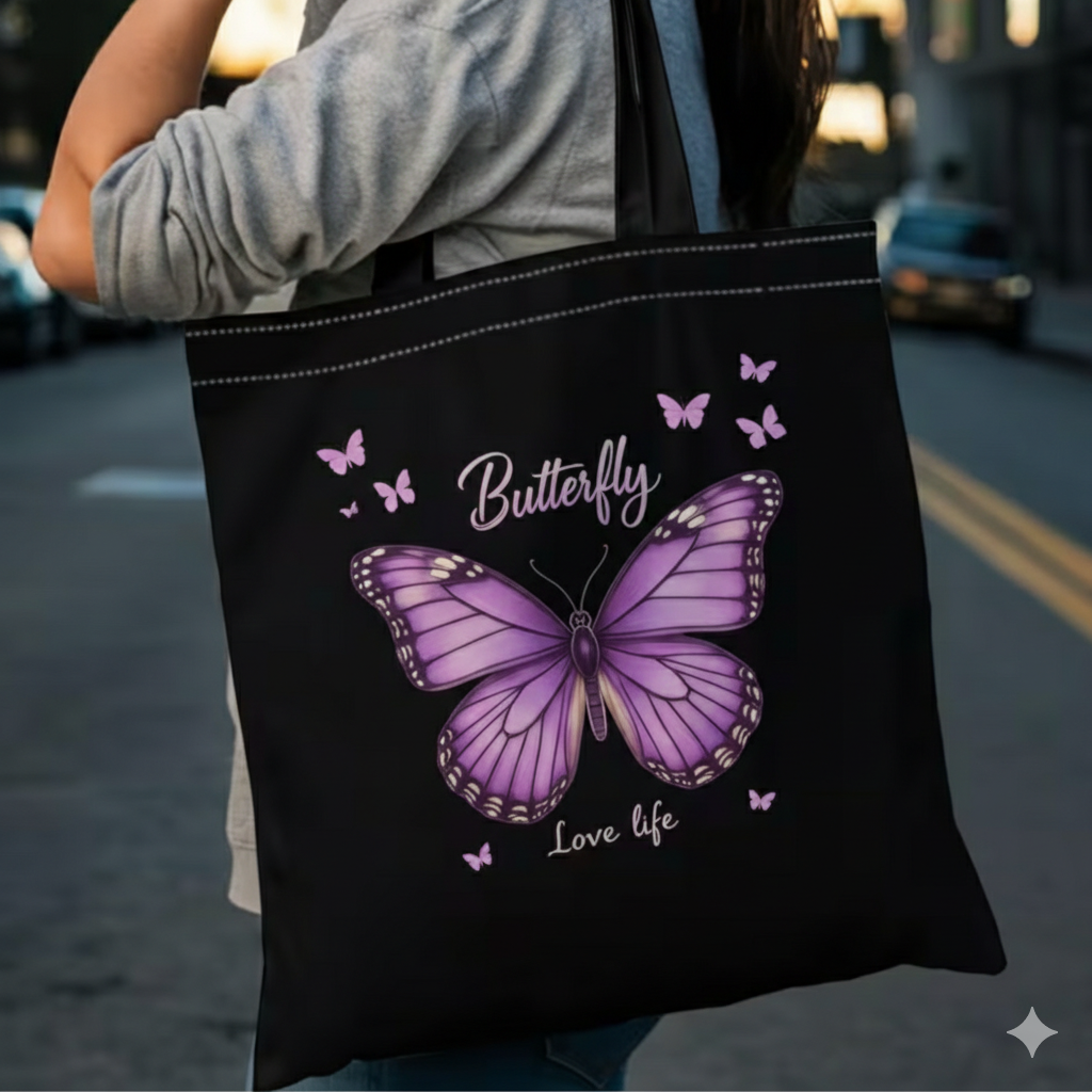 Tote Bag Estetica "Butterfly Love Life" – Borsa in Tela Nera con Farfalla Viola