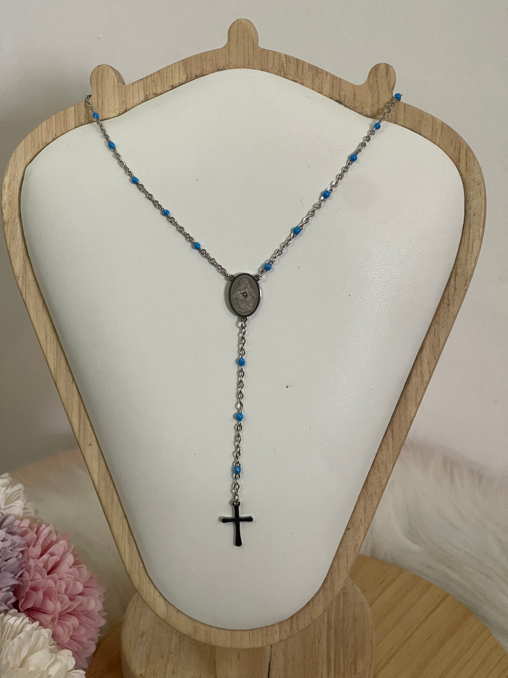 Collana Rosario Via Lucis in Acciaio Inossidabile con Perline e Croce