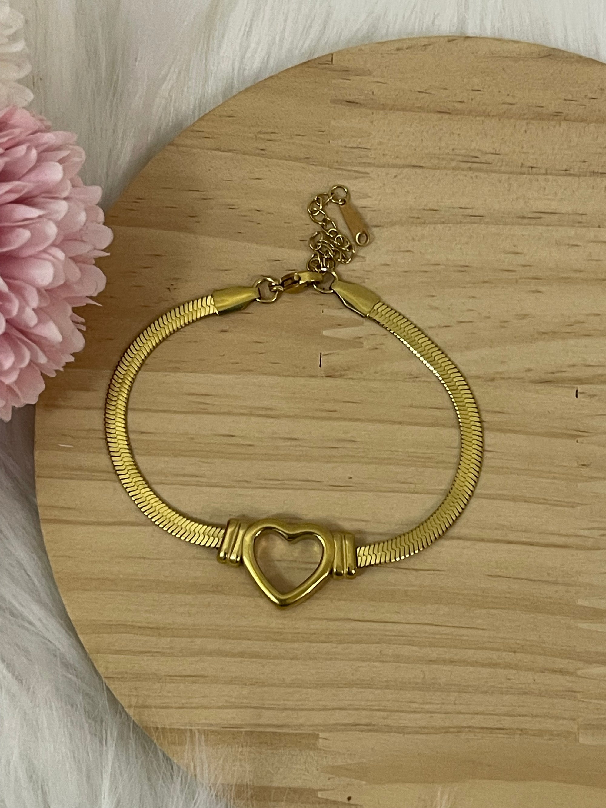 Bracciale Corazón Radiante in Acciaio Inossidabile – Maglia Snake Piatta Oro e Argento