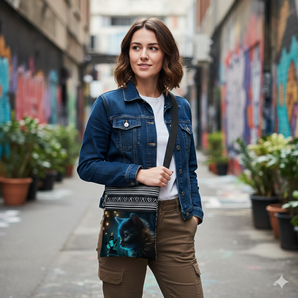 Borsa a Tracolla in Tela - Design Gatto e Farfalla - Borsello Etnico con Multi-Tasche