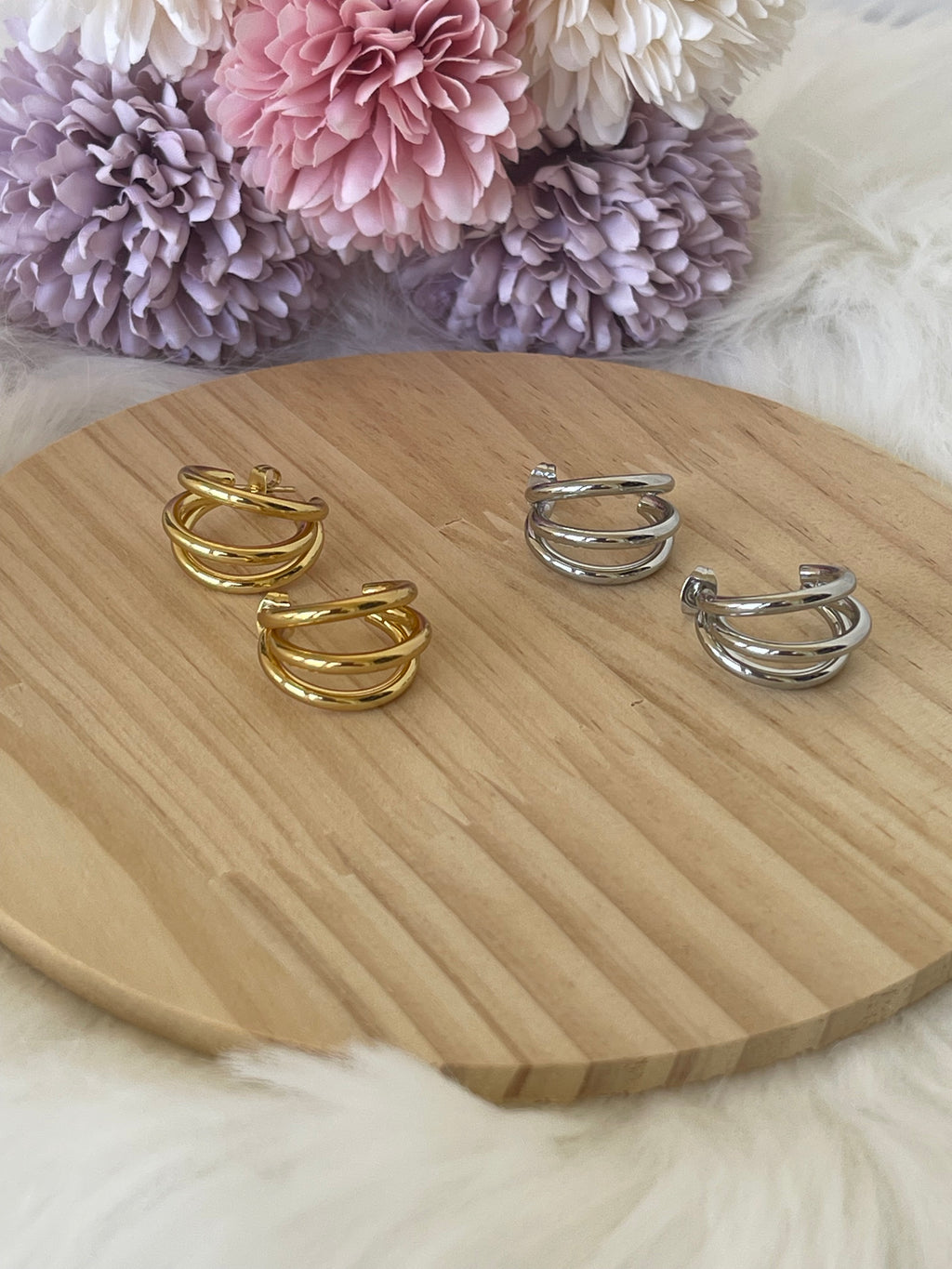 Orecchini Triana a Cerchio Triplo in Acciaio Inossidabile - Design Minimal a 3 Fasce - Oro e Argento