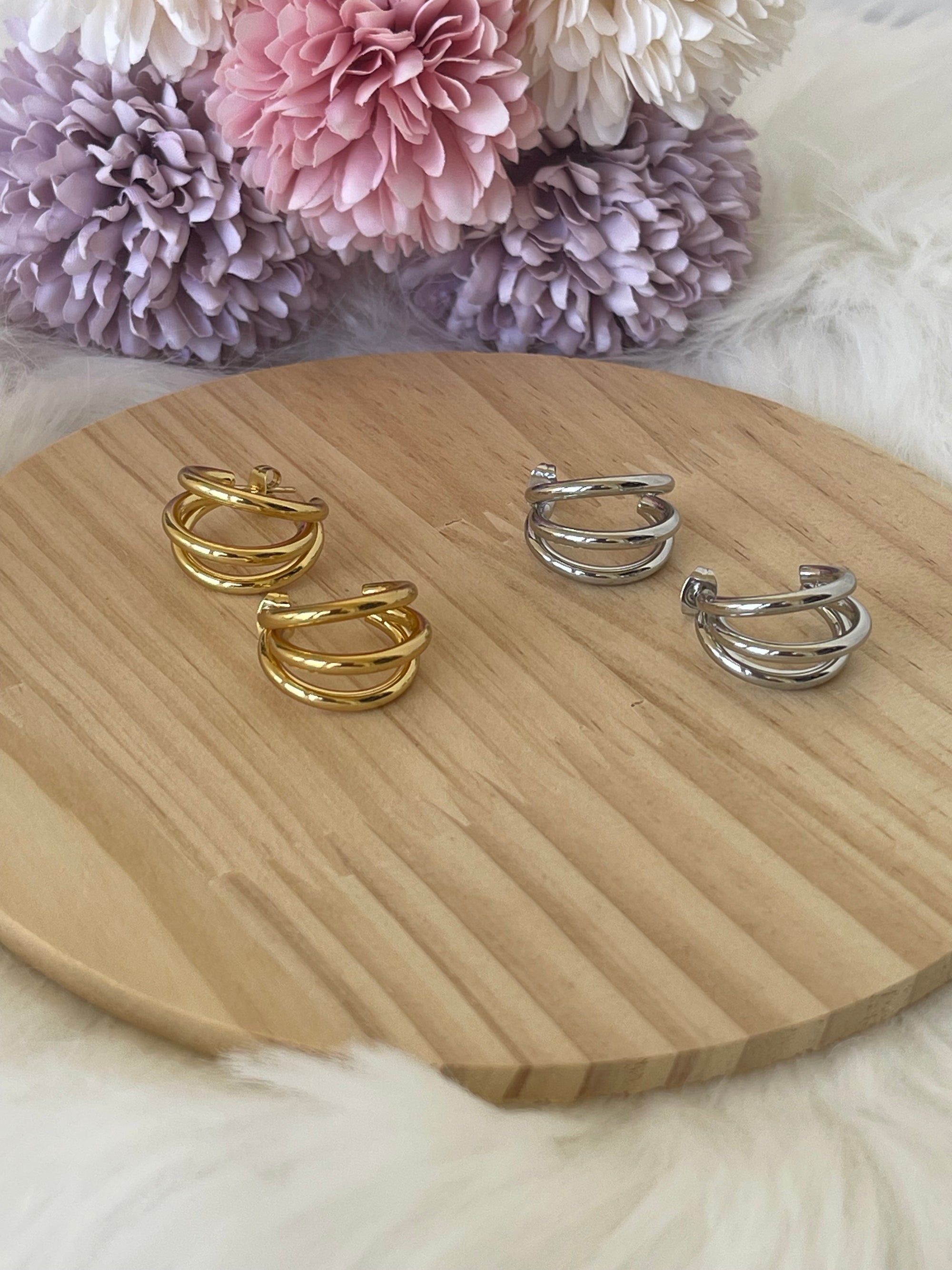 Orecchini Triana a Cerchio Triplo in Acciaio Inossidabile - Design Minimal a 3 Fasce - Oro e Argento