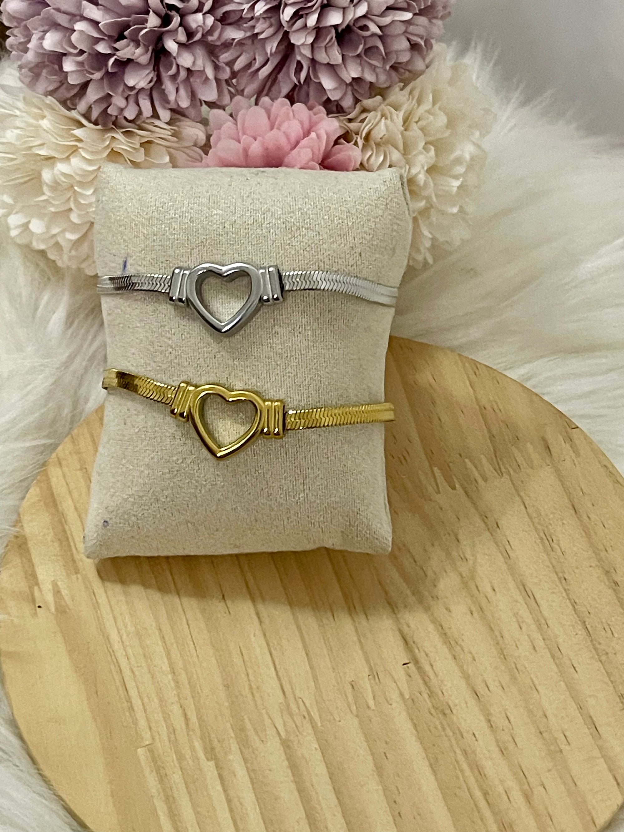 Bracciale Corazón Radiante in Acciaio Inossidabile – Maglia Snake Piatta Oro e Argento