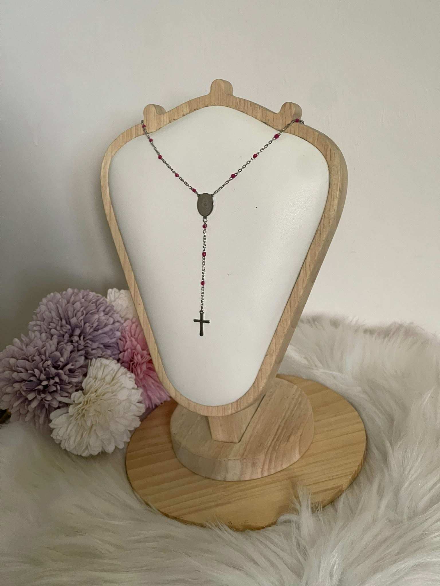 Collana Rosario Via Lucis in Acciaio Inossidabile con Perline e Croce