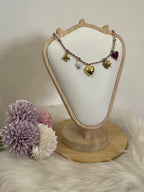 Collana Aura Summer Charm Estiva in Acciaio Inossidabile - Girocollo Cordino Intrecciato Grigio e Rosa con Ciondoli Sole, Cuore e Fiore