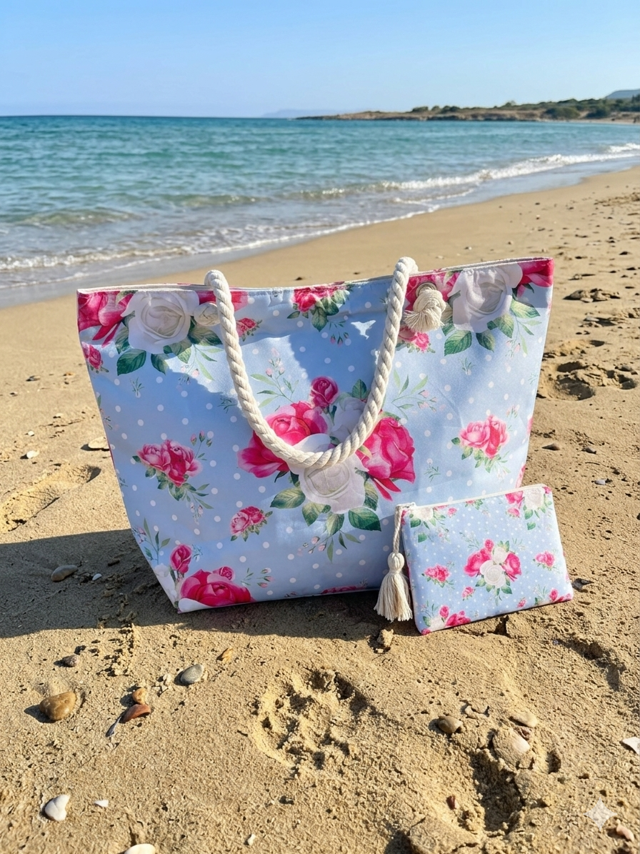 Borsa da Mare Grande e Capiente con Cerniera e Pochette Coordinata – Motivo Floreale Shabby Chic