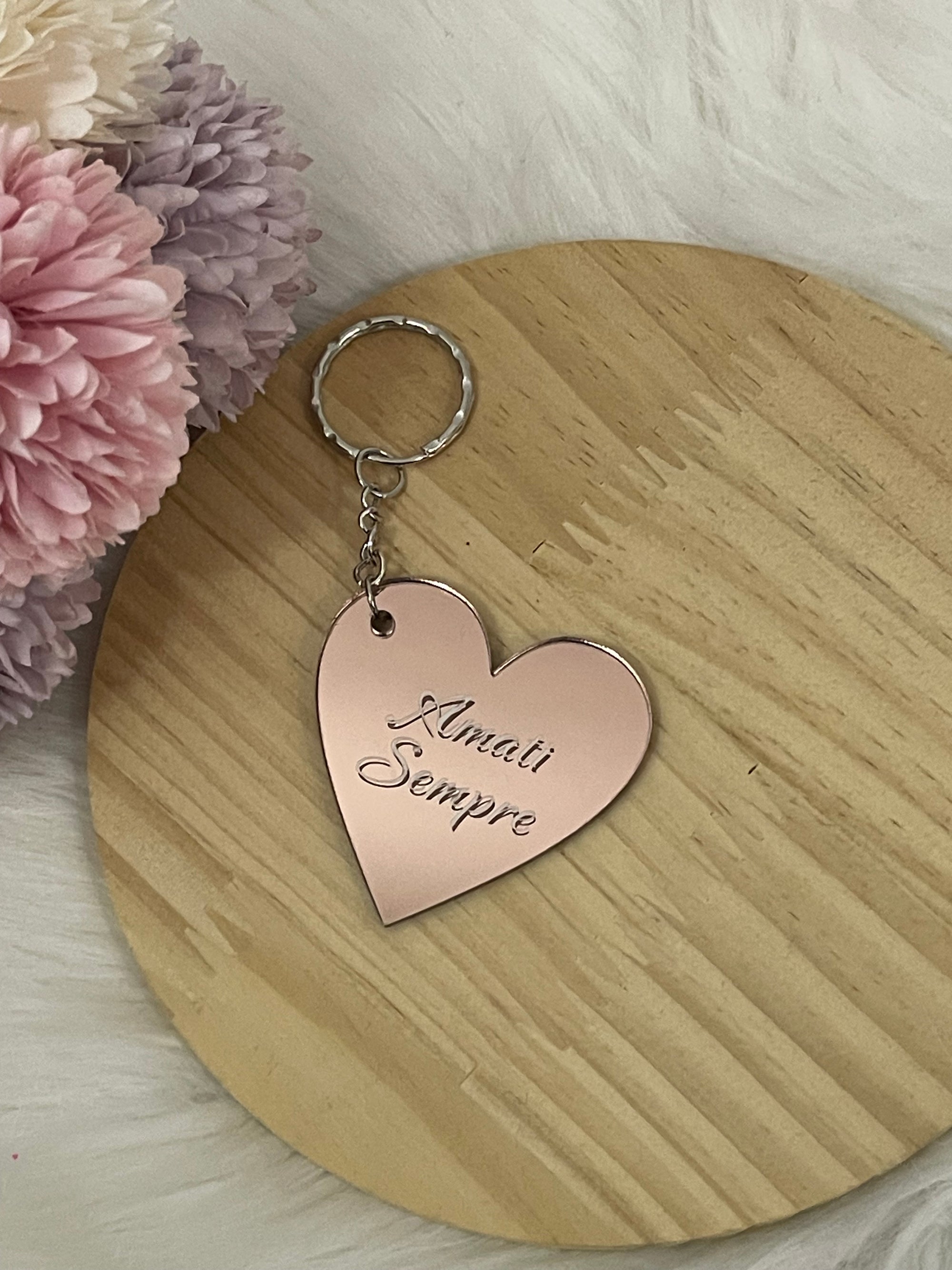 Portachiavi Cuore a Specchio "Amati Sempre" – Rose Gold Inciso | Regalo Romantico e Motivazionale