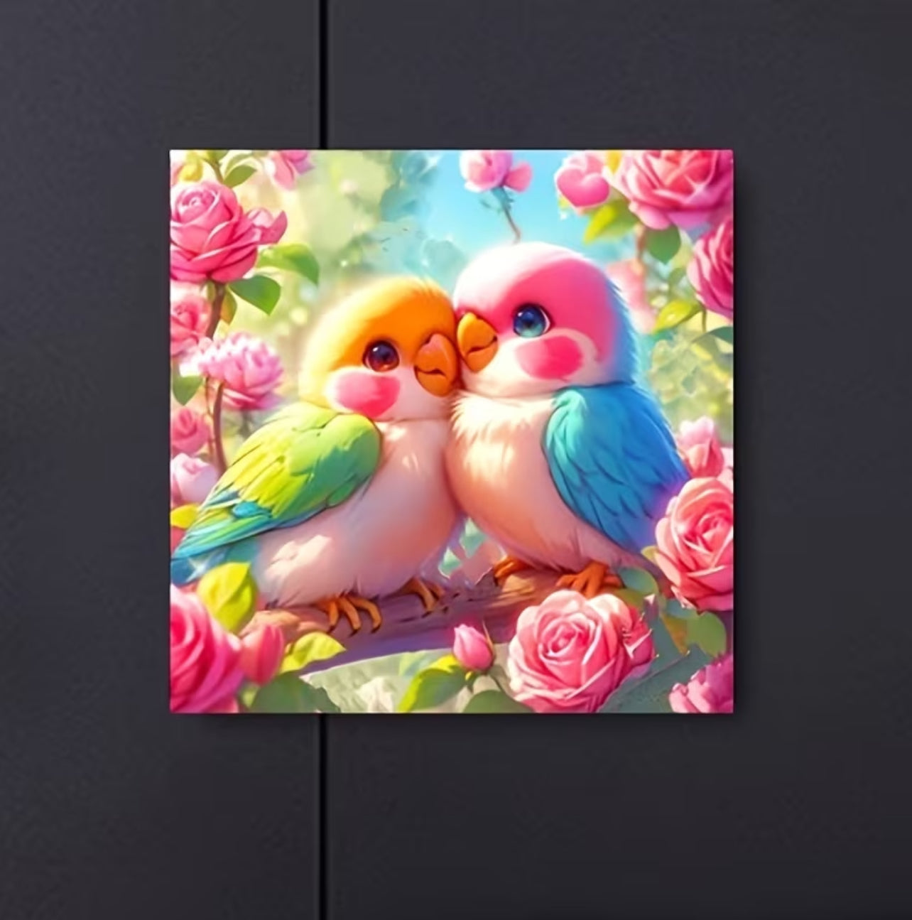 Kit Diamond Painting 5D Fai-da-Te - Coppia di Pappagallini Innamorati tra le Rose - 20x20cm