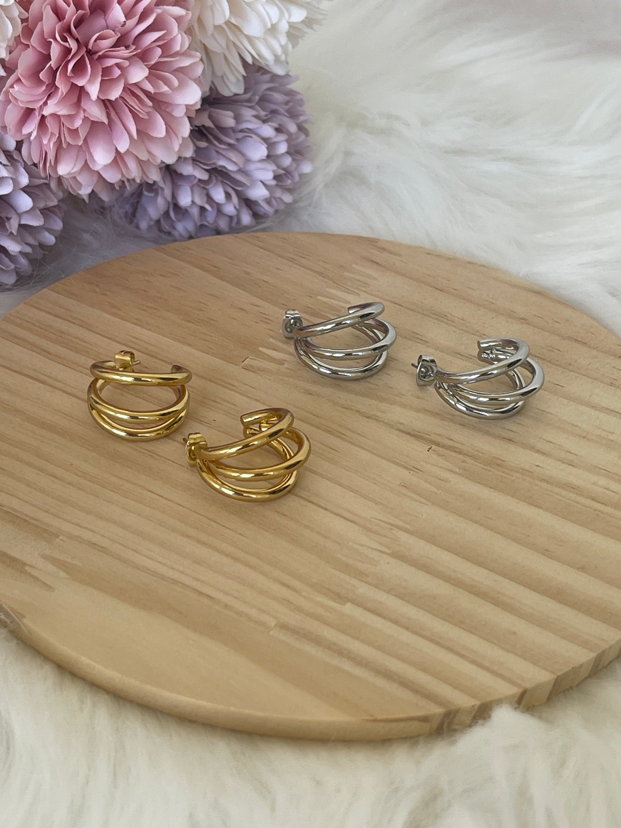 Orecchini Triana a Cerchio Triplo in Acciaio Inossidabile - Design Minimal a 3 Fasce - Oro e Argento