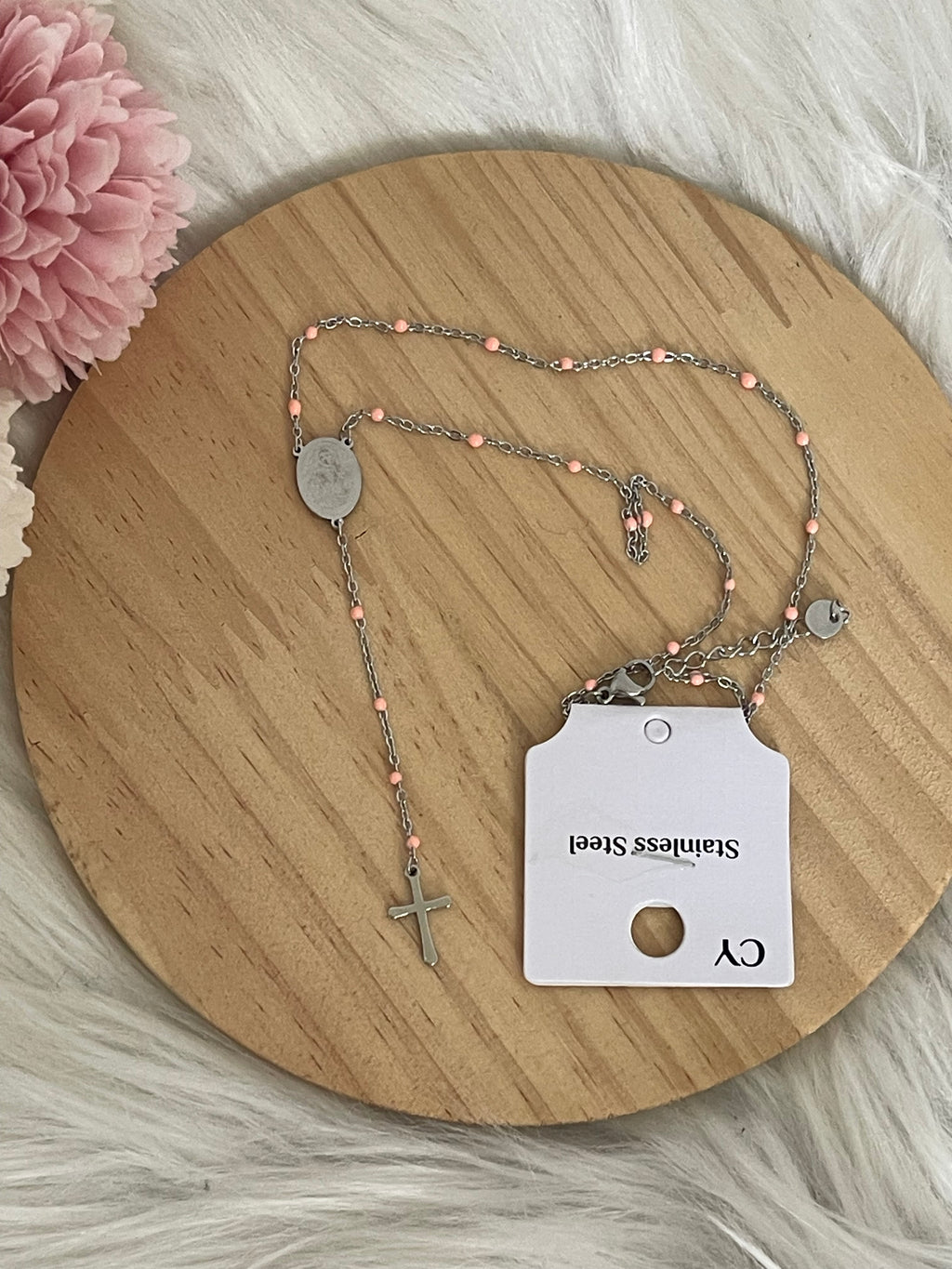Collana Rosario Via Lucis in Acciaio Inossidabile con Perline e Croce