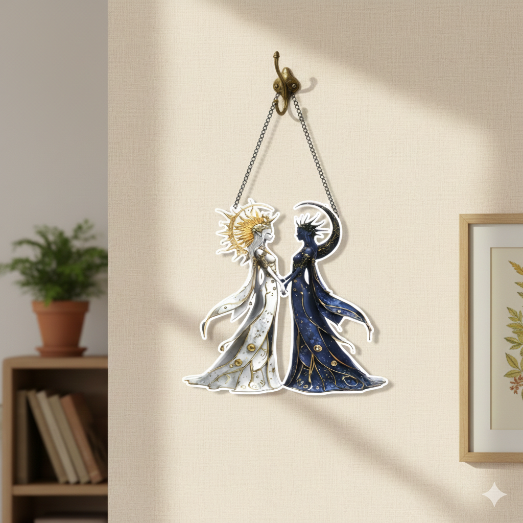 Decorazione da Parete Sole e Luna in Acrilico – Acchiappasole Fantasy "Dee del Giorno e della Notte" – 20x18cm