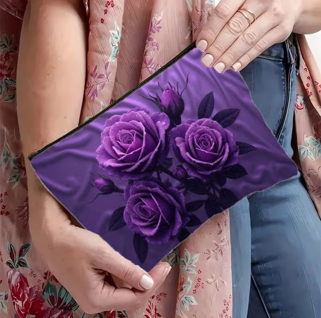 Pochette Trucco Elegante con Rose Viola – Beauty Case da Viaggio Impermeabile e Organizer Cosmetici