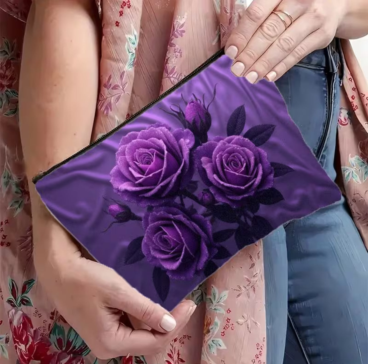 Pochette Trucco Elegante con Rose Viola – Beauty Case da Viaggio Impermeabile e Organizer Cosmetici
