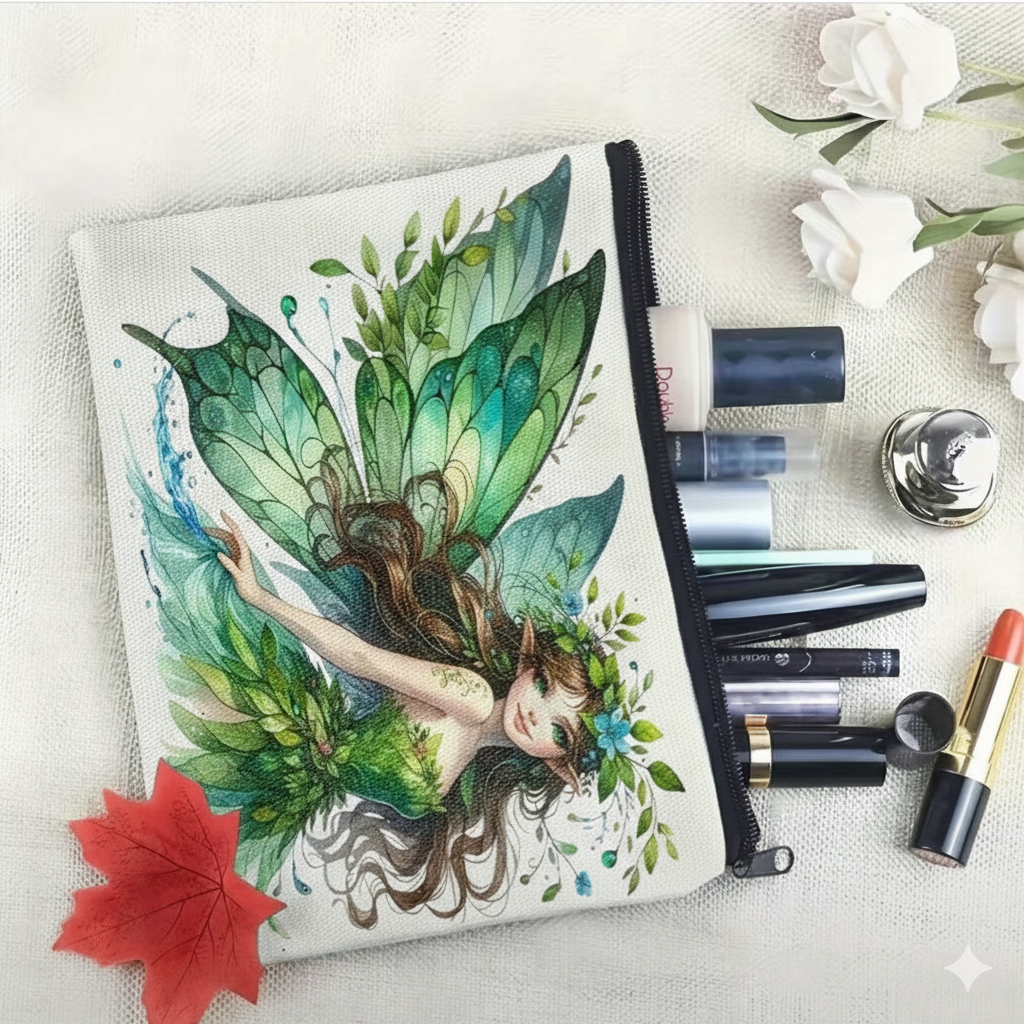 Pochette Trucchi in Tela "Fata della Foresta" – Beauty Case Elegante e Capiente – 22x18 cm