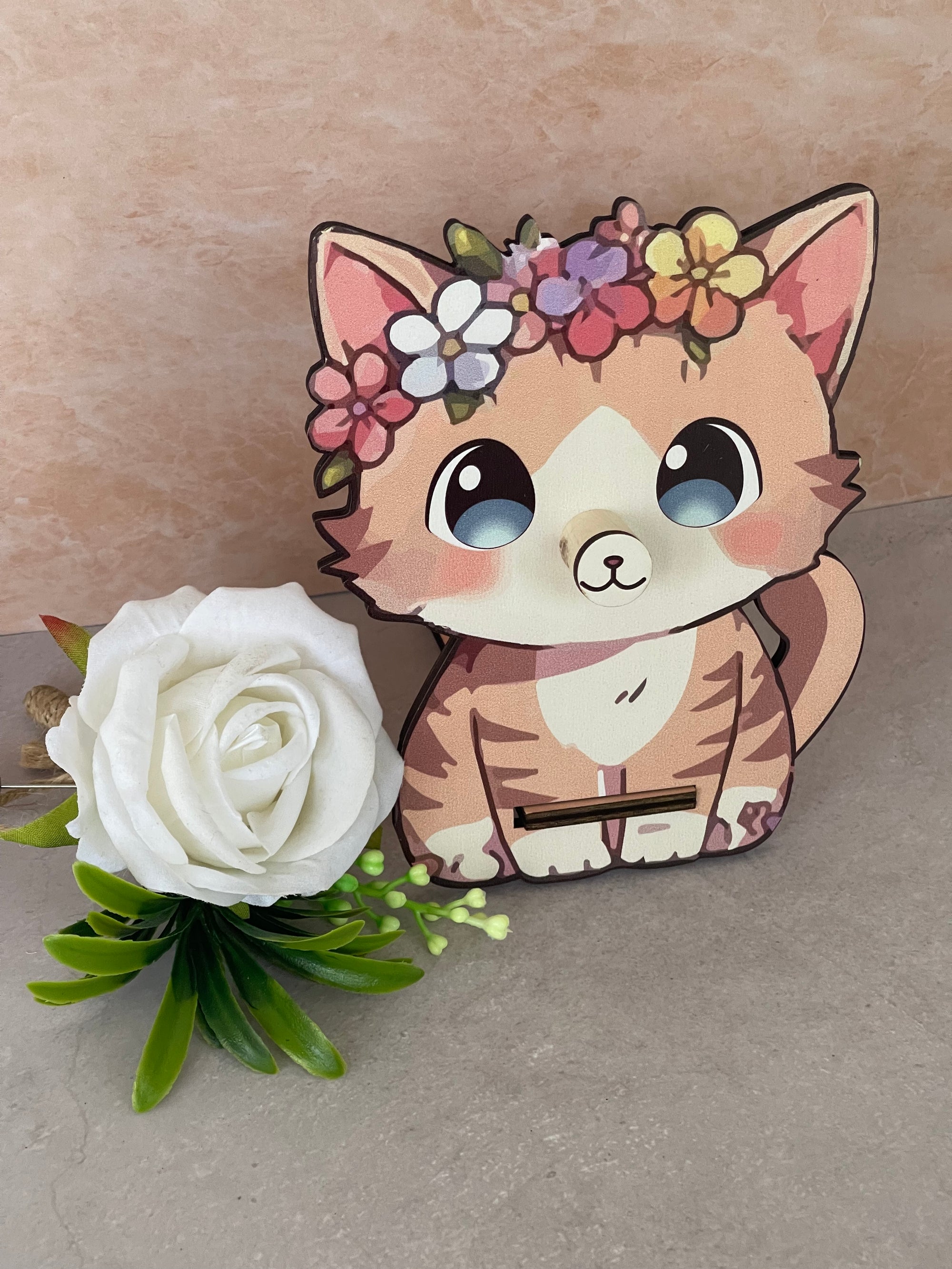 Porta Occhiali da Scrivania in Legno - Gatto Adorabile con Coroncia di Fiori