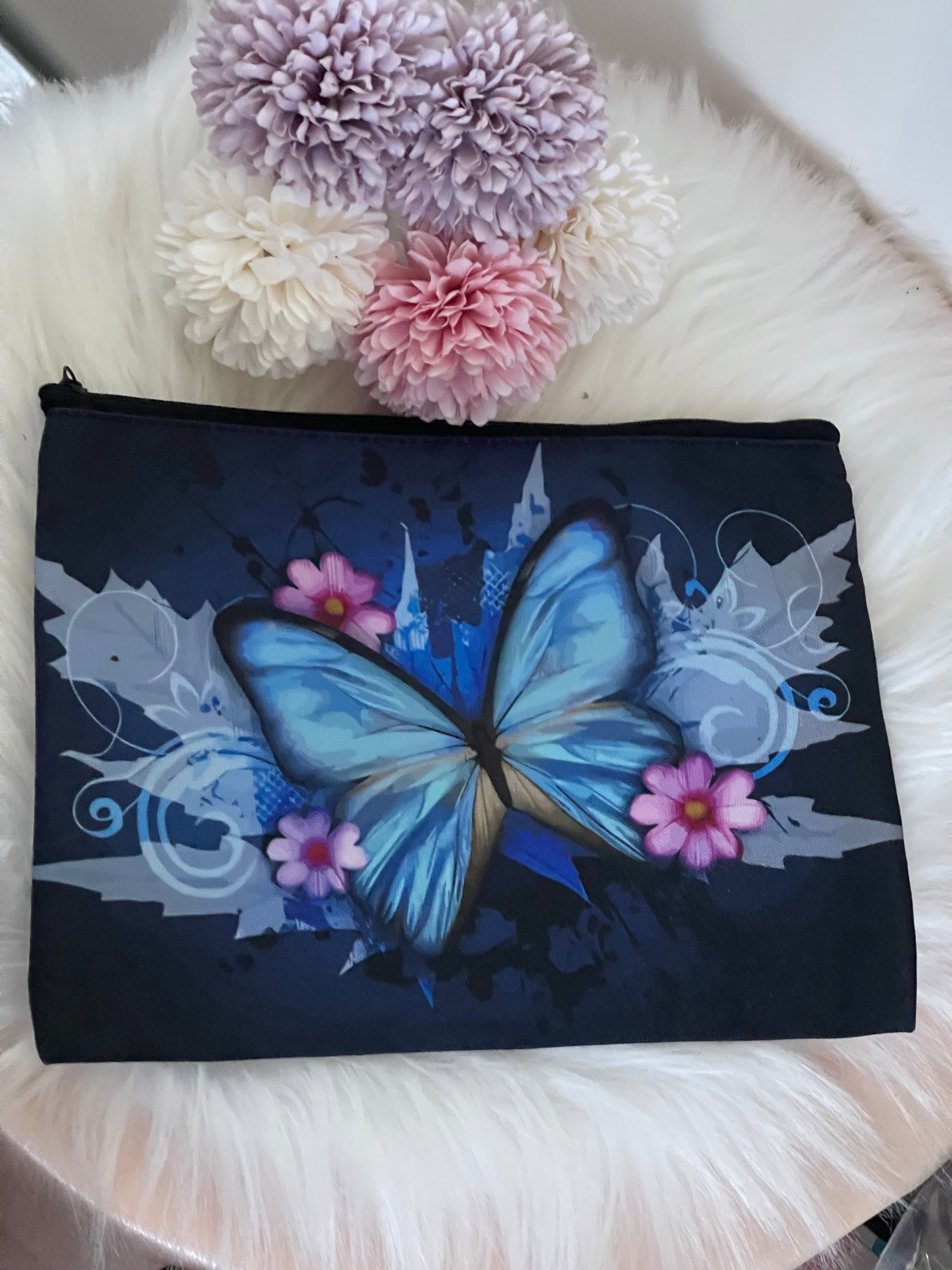 Pochette Donna con Farfalla Blu e Fiori - Beauty Case Impermeabile Multiuso