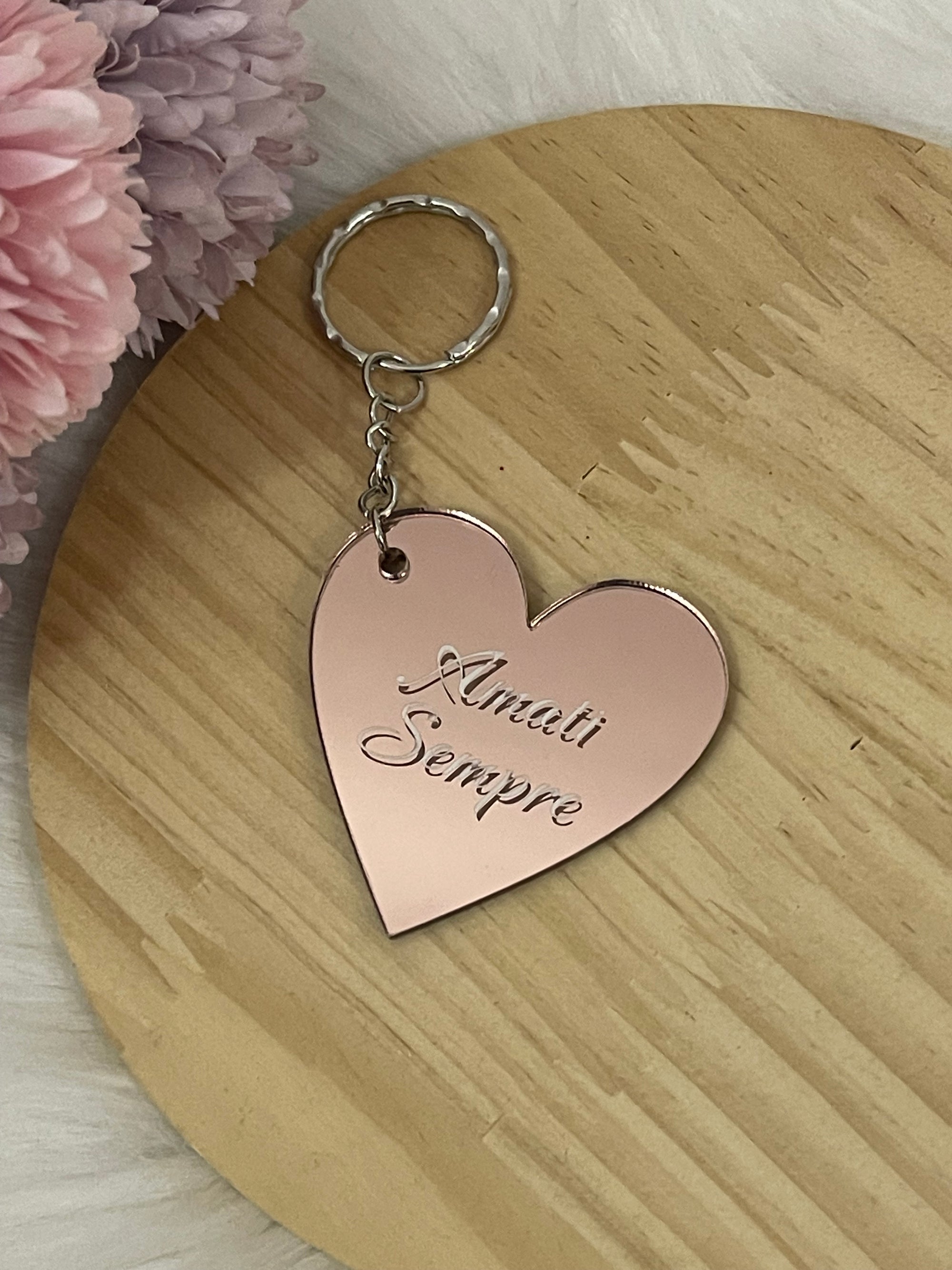 Portachiavi Cuore a Specchio "Amati Sempre" – Rose Gold Inciso | Regalo Romantico e Motivazionale
