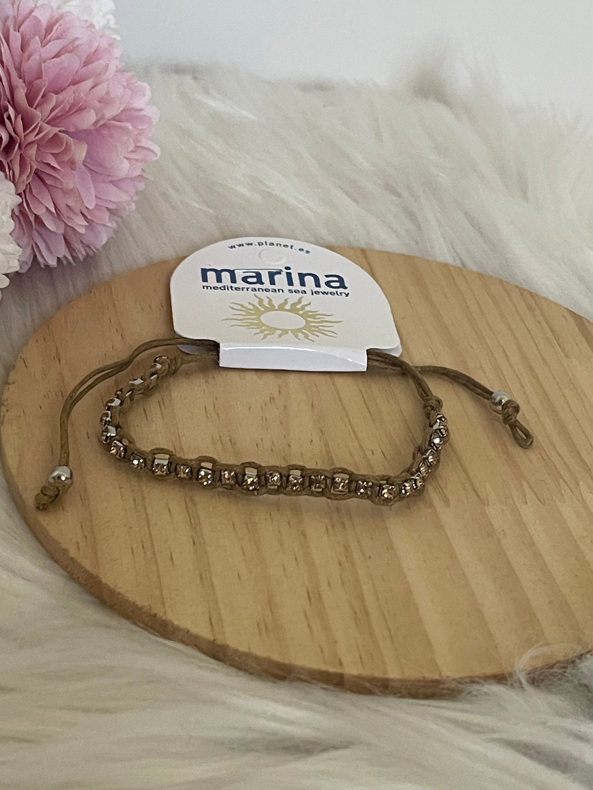 Bracciale Regolabile Marina con Cordino Marrone, Cristalli Chiari e Oro – Gioielli Artigianali Mare