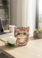 Porta Occhiali da Scrivania in Legno - Gatto Adorabile con Coroncia di Fiori
