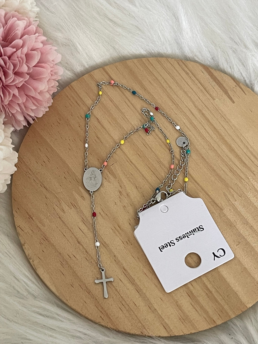 Collana Rosario Via Lucis in Acciaio Inossidabile con Perline e Croce