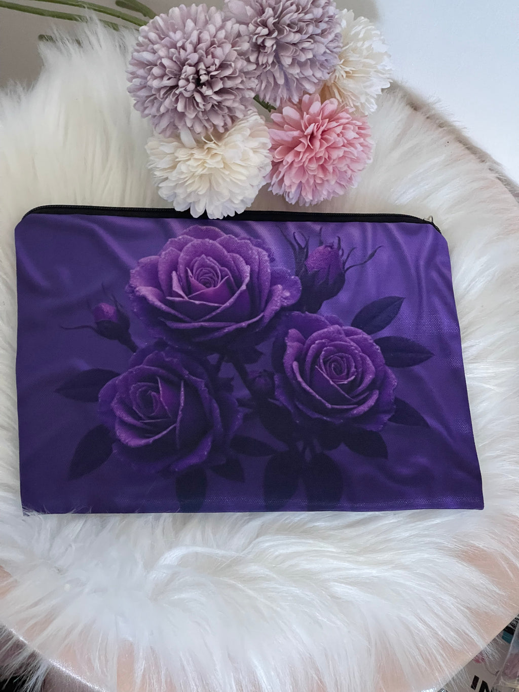 Pochette Trucco Elegante con Rose Viola – Beauty Case da Viaggio Impermeabile e Organizer Cosmetici