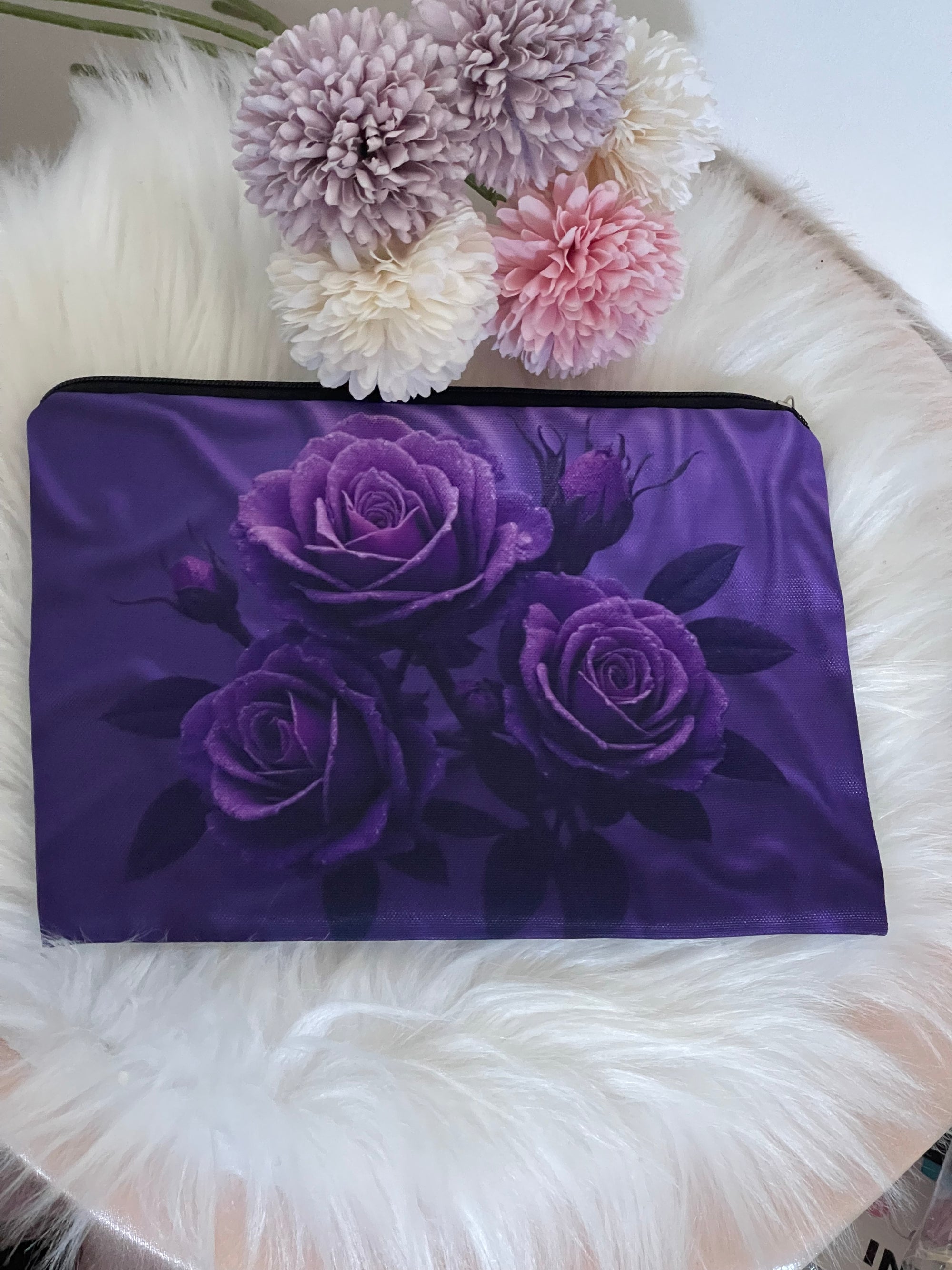 Pochette Trucco Elegante con Rose Viola – Beauty Case da Viaggio Impermeabile e Organizer Cosmetici