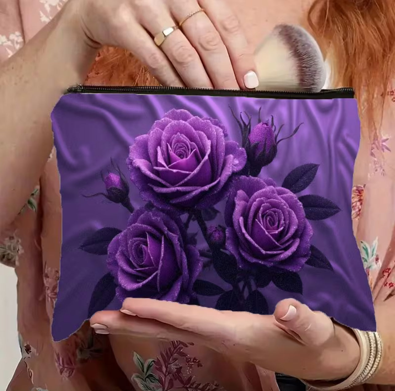 Pochette Trucco Elegante con Rose Viola – Beauty Case da Viaggio Impermeabile e Organizer Cosmetici