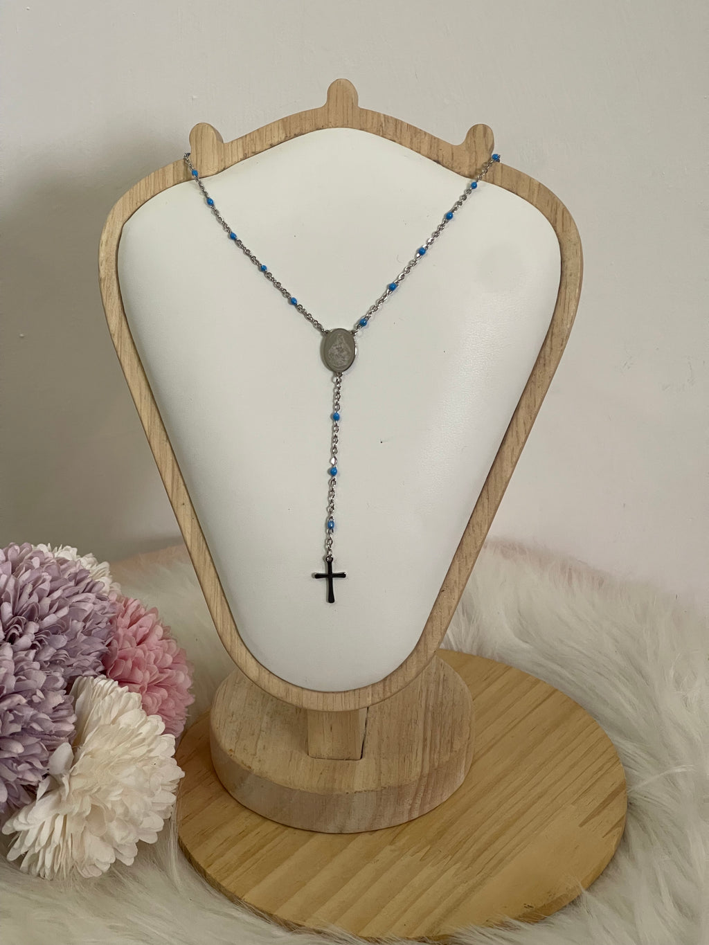 Collana Rosario Via Lucis in Acciaio Inossidabile con Perline e Croce