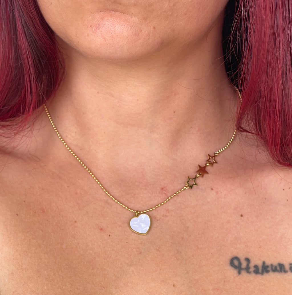 Collana Battito in Acciaio Inossidabile con Ciondolo Cuore e Stelle