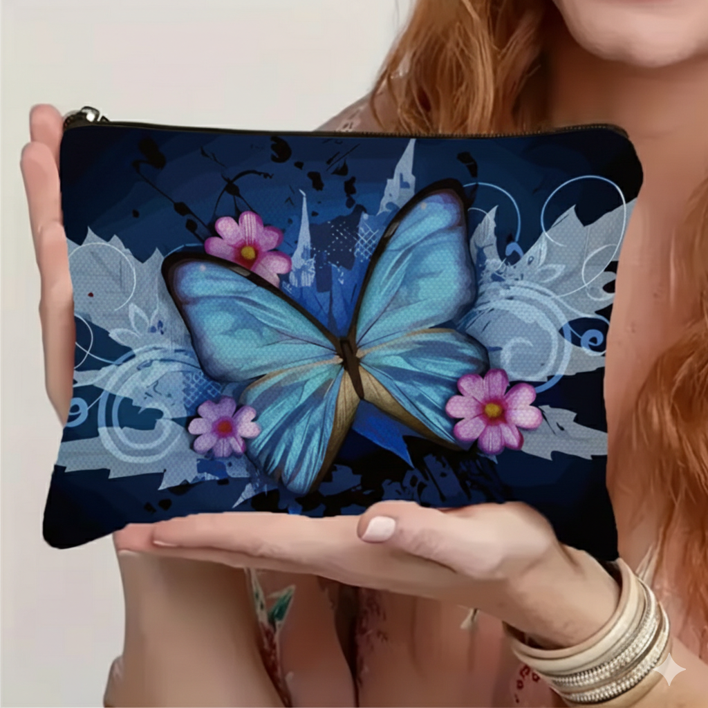 Pochette Donna con Farfalla Blu e Fiori - Beauty Case Impermeabile Multiuso