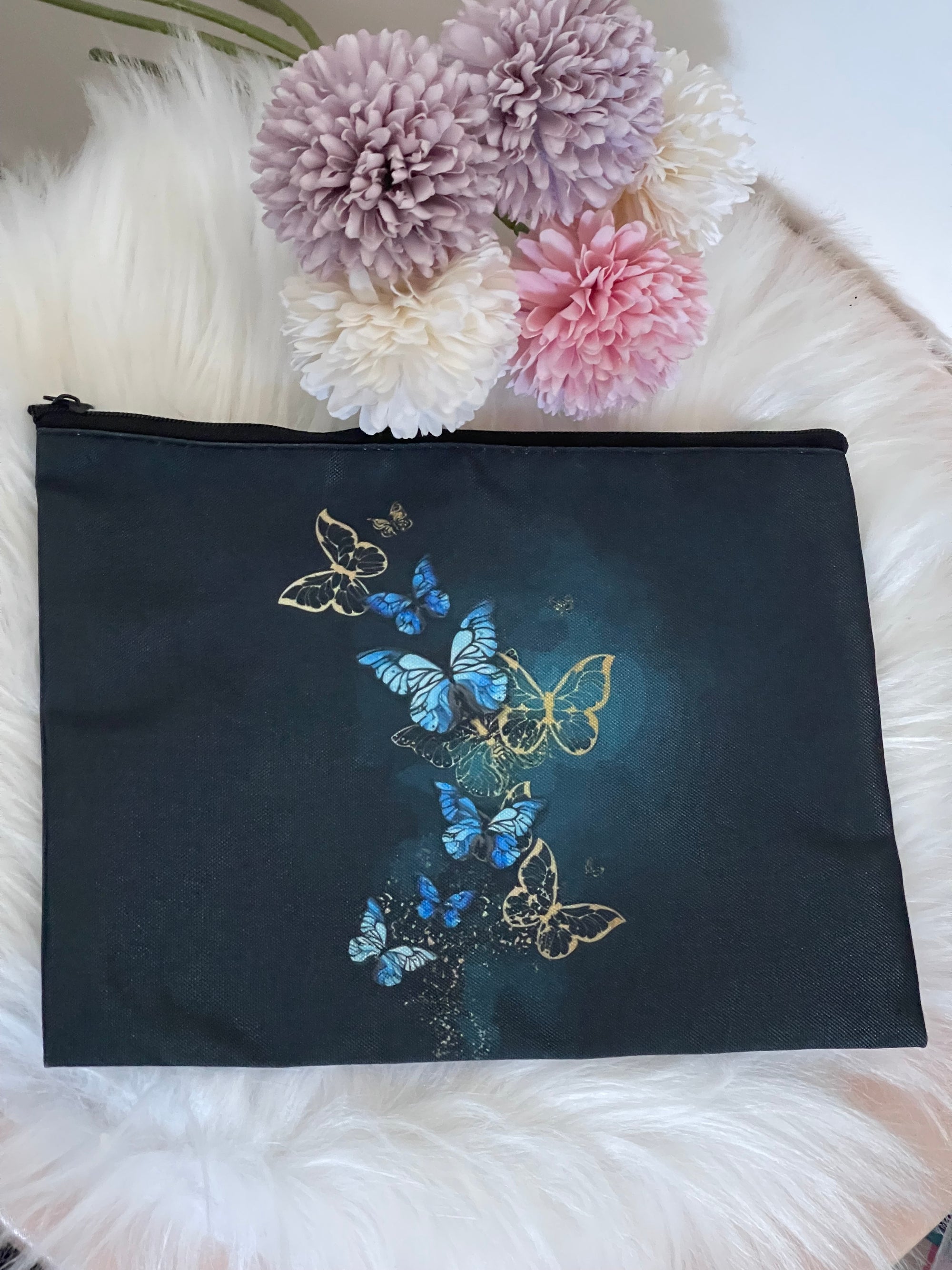 Pochette Donna Elegante con Farfalle Oro e Blu - Beauty Case e Astuccio Trucco Multifunzione