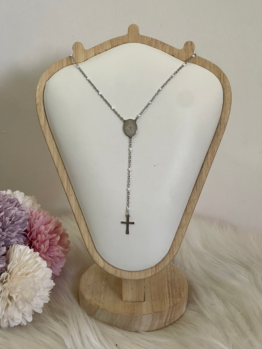 Collana Rosario Via Lucis in Acciaio Inossidabile con Perline e Croce