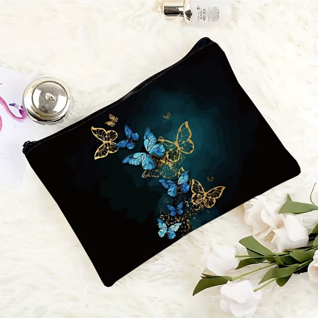 Pochette Donna Elegante con Farfalle Oro e Blu - Beauty Case e Astuccio Trucco Multifunzione