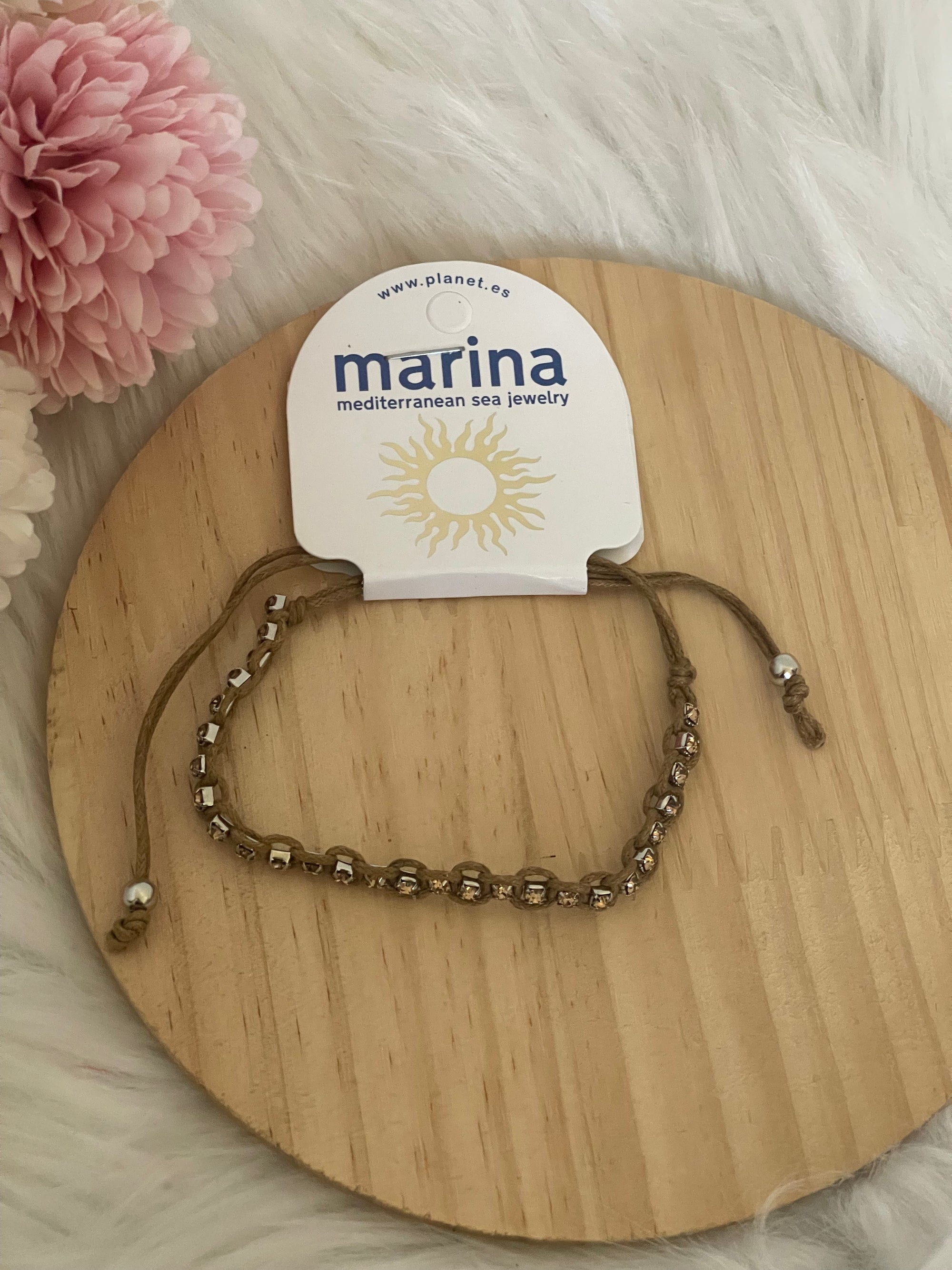 Bracciale Regolabile Marina con Cordino Marrone, Cristalli Chiari e Oro – Gioielli Artigianali Mare