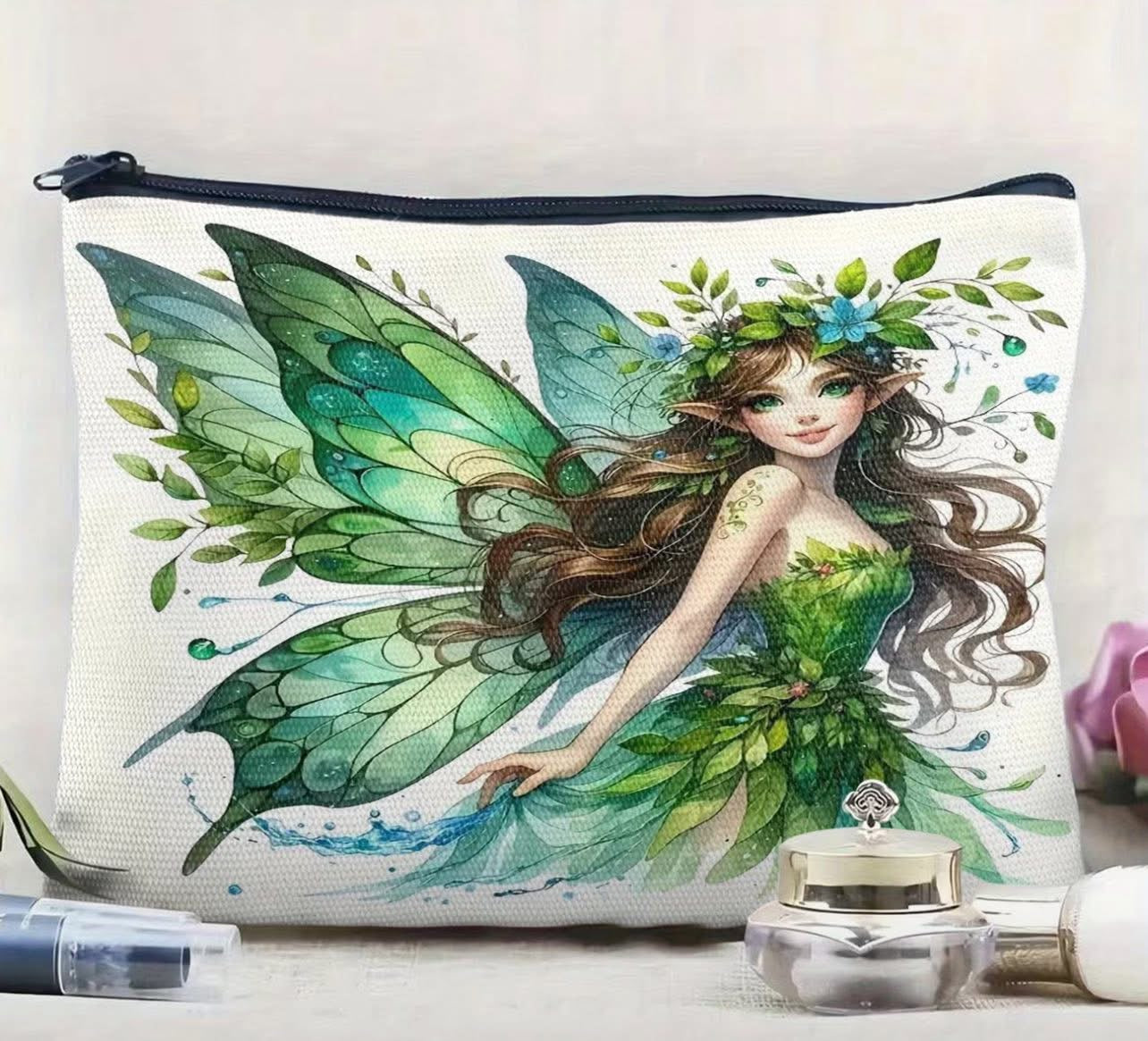 Pochette Trucchi in Tela "Fata della Foresta" – Beauty Case Elegante e Capiente – 22x18 cm