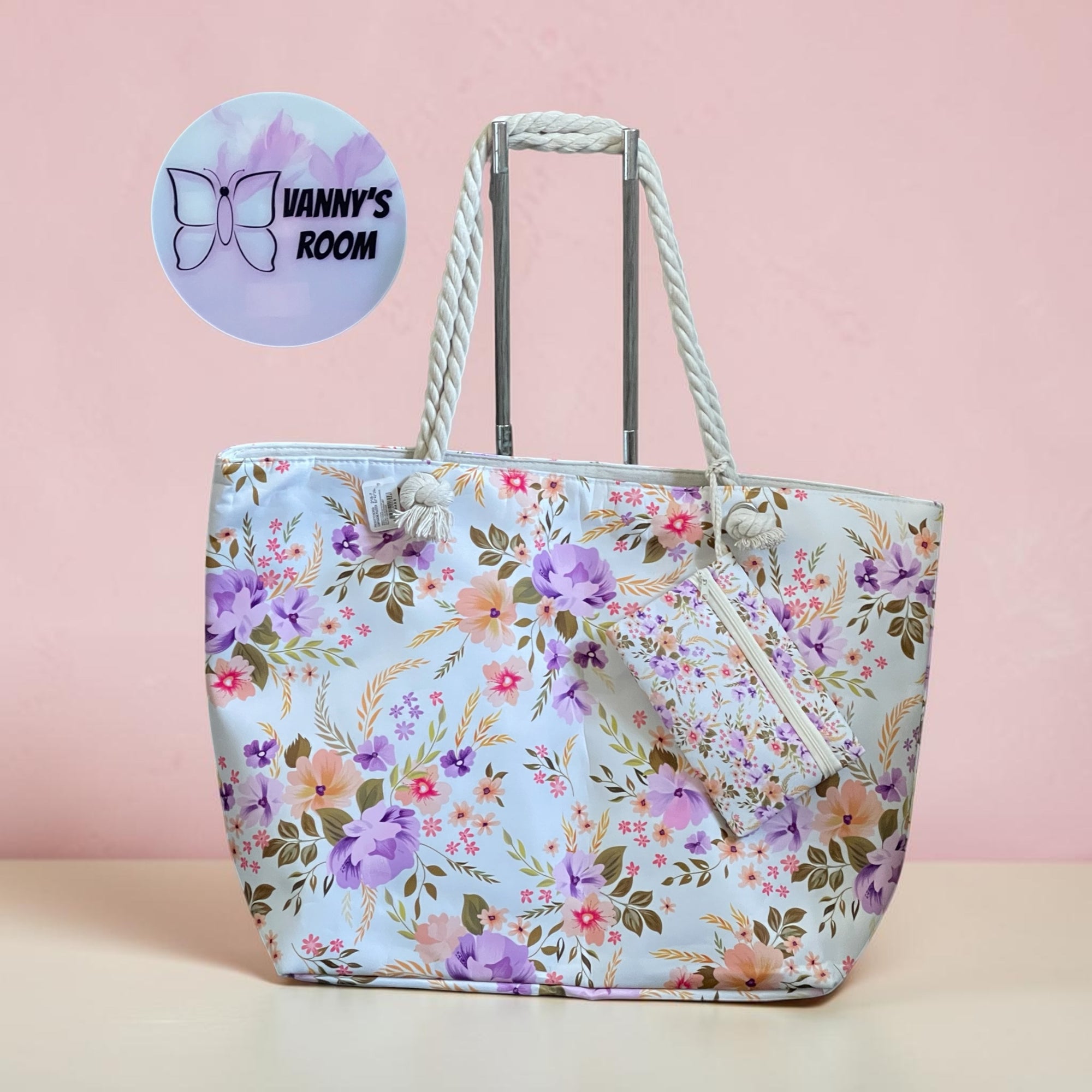 Borsa Mare Grande e Capiente con Cerniera e Pochette | Fantasia Floreale Viola