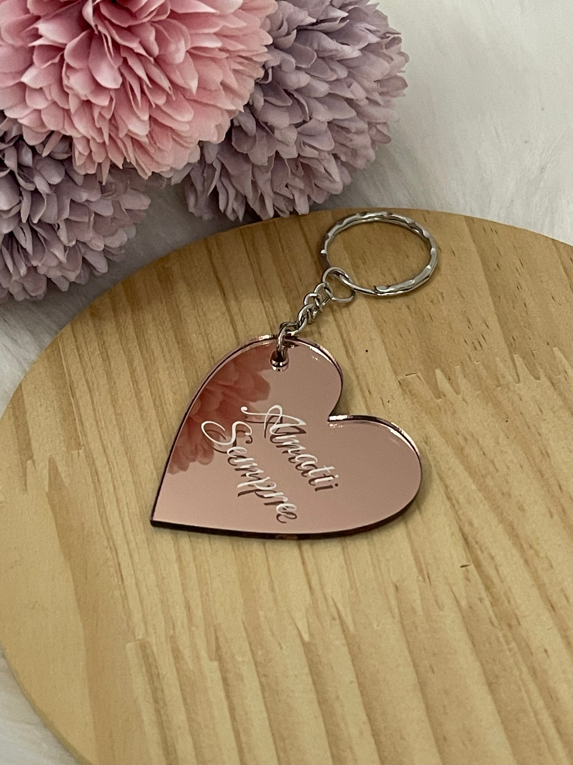 Portachiavi Cuore a Specchio "Amati Sempre" – Rose Gold Inciso | Regalo Romantico e Motivazionale