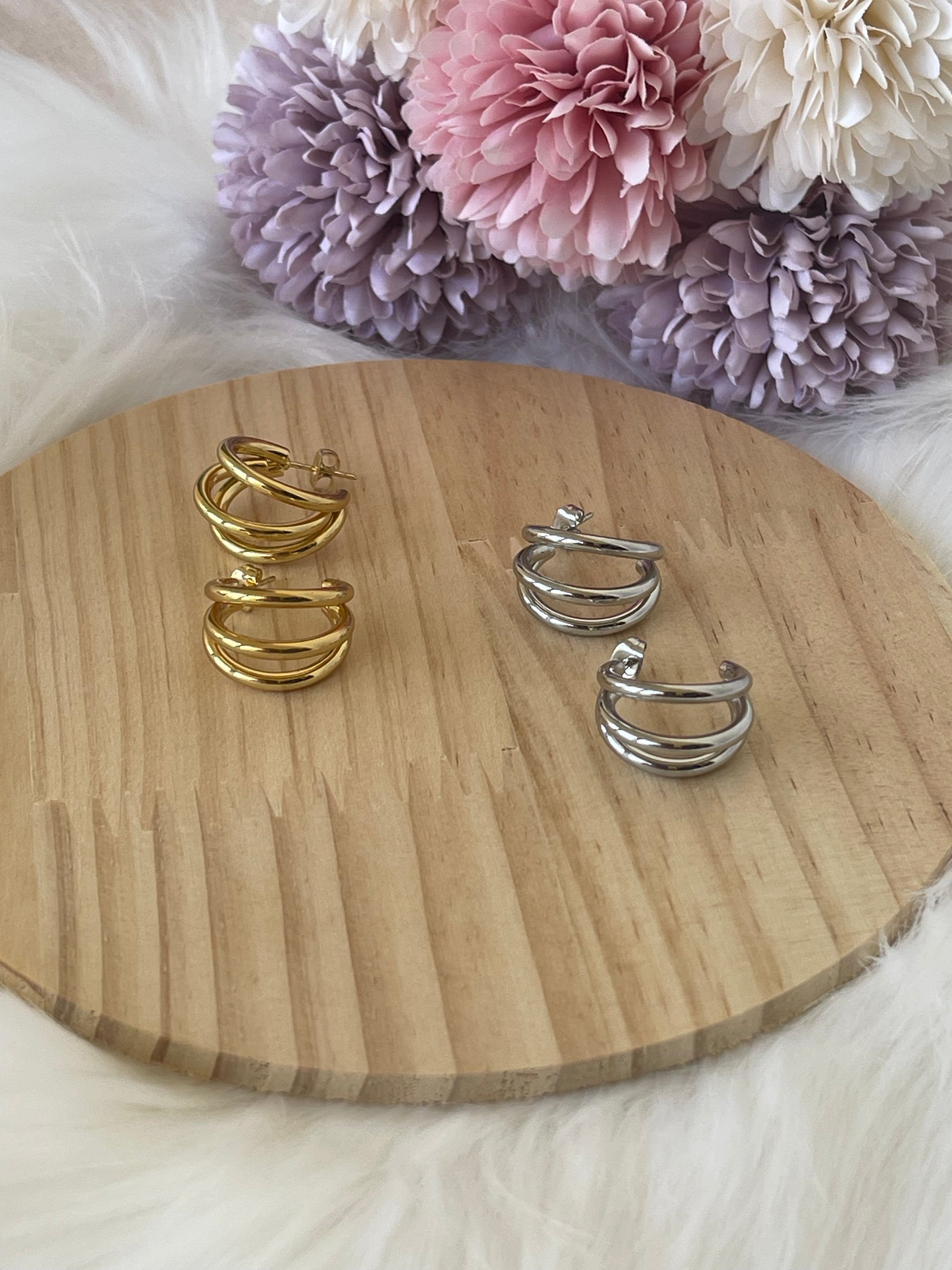 Orecchini Triana a Cerchio Triplo in Acciaio Inossidabile - Design Minimal a 3 Fasce - Oro e Argento