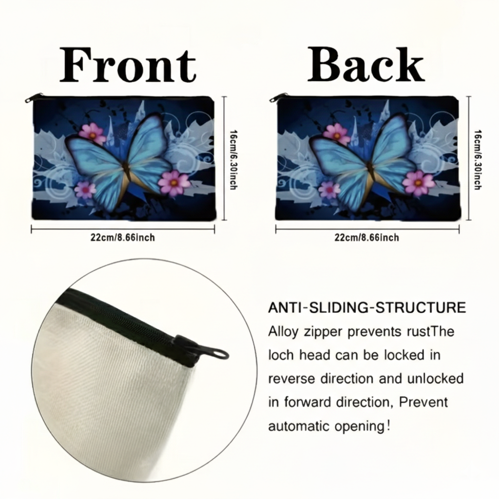 Pochette Donna con Farfalla Blu e Fiori - Beauty Case Impermeabile Multiuso