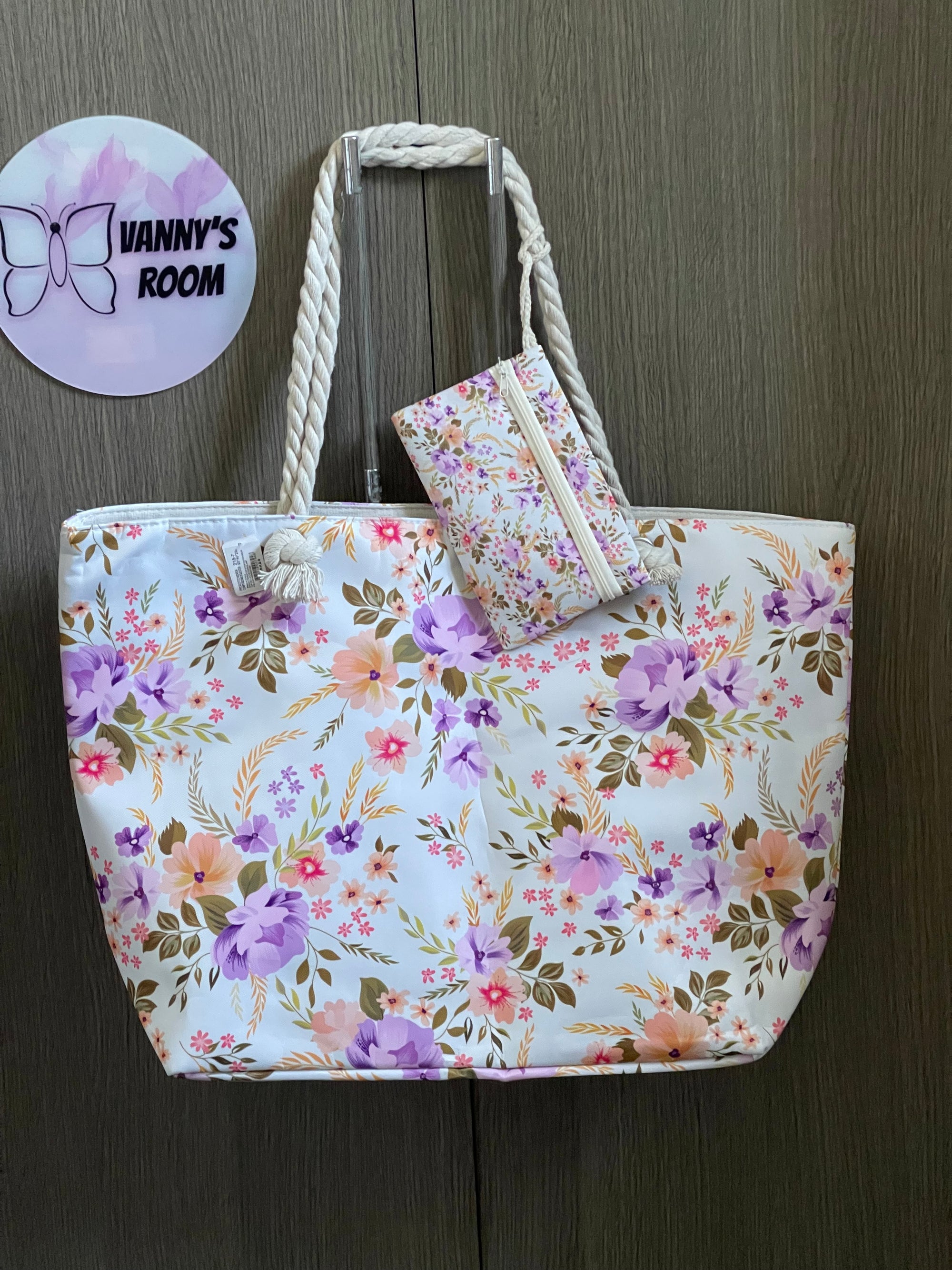 Borsa Mare Grande e Capiente con Cerniera e Pochette | Fantasia Floreale Viola