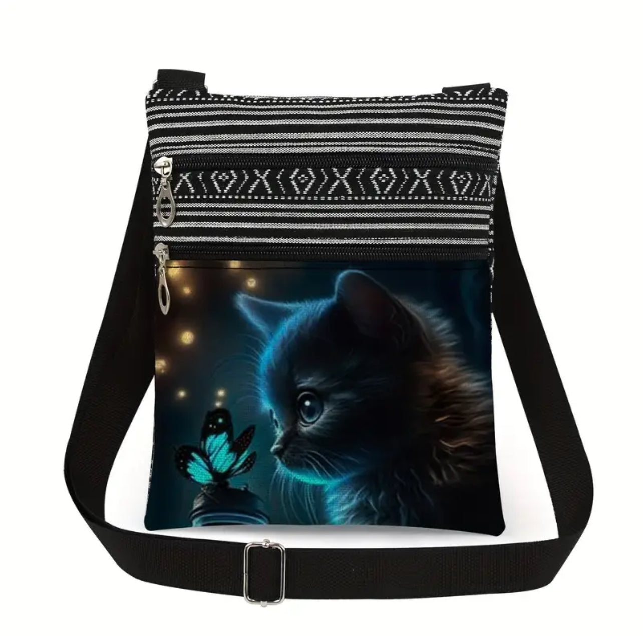 Borsa a Tracolla in Tela - Design Gatto e Farfalla - Borsello Etnico con Multi-Tasche