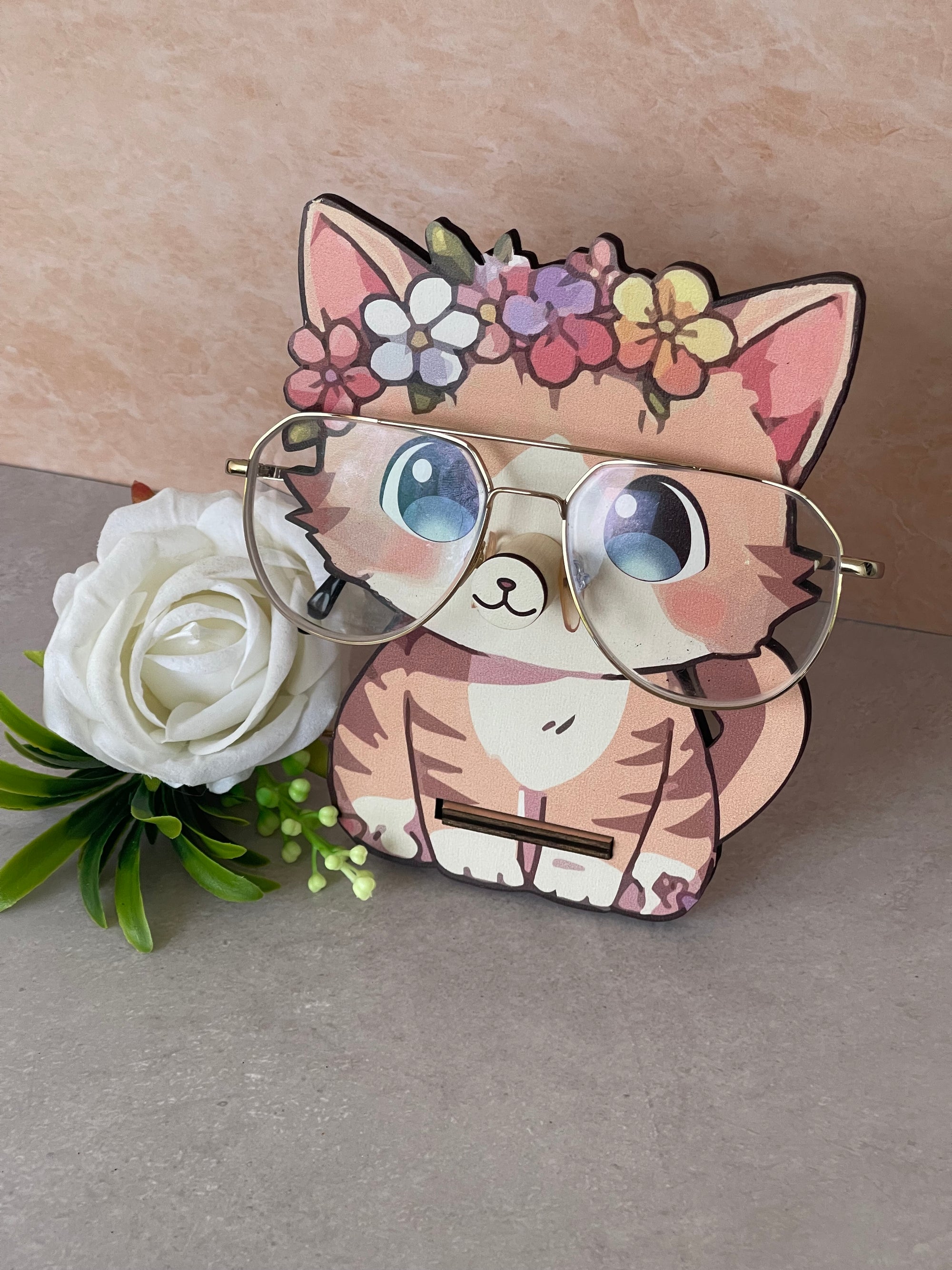 Porta Occhiali da Scrivania in Legno - Gatto Adorabile con Coroncia di Fiori