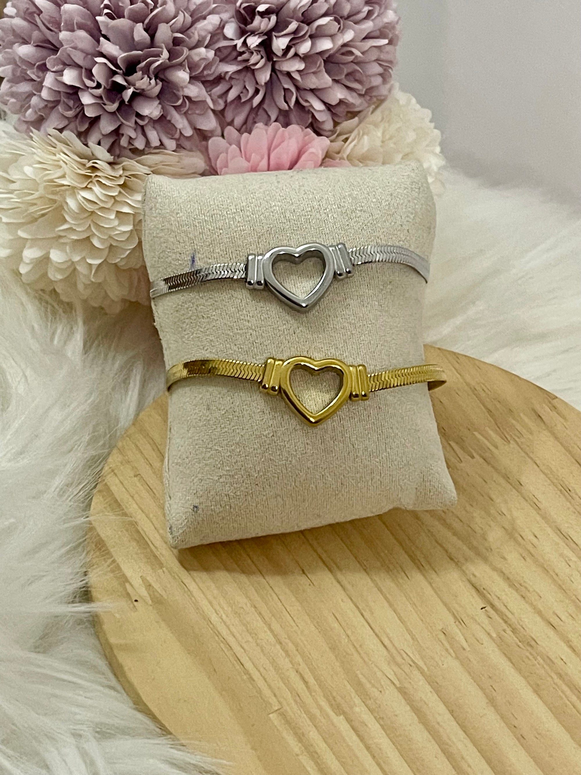 Bracciale Corazón Radiante in Acciaio Inossidabile – Maglia Snake Piatta Oro e Argento